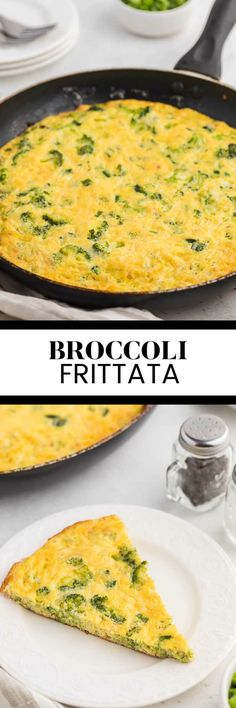 broccoli frittata in a cast iron skillet on a white plate