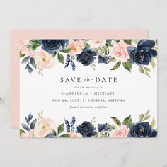 save the date card with blue and pink flowers