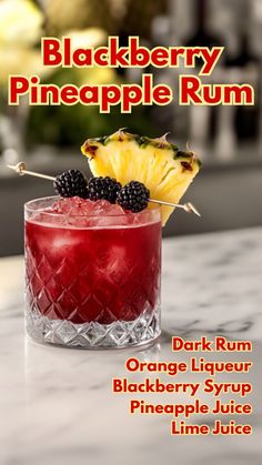 Blackberry Pineapple Rum Cocktail 🍹 7 ingredients  Produce • 1 Blackberries • 1 Pineapple, slice  Condiments • 3/4 oz Blackberry syrup • 1/2 oz Lime juice  Drinks • 1 oz Pineapple juice  Beer, Wine & Liquor • 1/2 oz Orange liqueur ��• 1 1/2 oz Rum, dark Cocktails For Girls Night, Pineapple Rum Cocktail, Blackberry Cocktails, Pineapple Cocktails, Dark Rum Cocktails, Rum Mixed Drinks, Liqueur Cocktails, Blackberry Drinks, Cocktail Cards