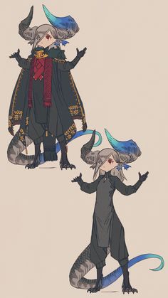 two drawings of people with horns on their heads, one in black and the other in blue