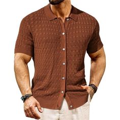 Men's Button Down Short Sleeve Shirts Are Made Of High-Quality Fabric; Soft, Lightweight, And Breathable, Providing You With A Comfortable Wearing Experience; Unique Hollow Design, Giving You A Cool Feeling, Slim Fit Without Being Tight, Perfect For Casual/Hot Weather Wear. The Men's Knit Polo Shirts Come With Elastic Knit Fabric, Short Sleeve, Lapel Collar, Button Closure Placket, Hollow Out Textured Pattern, Back Plain Stitch, Ribbed Cuffs And Hem, And Classic Solid Color Design To Look Stylis Brown Top With Button Closure And Casual Collar, Casual Brown Polo Collar Shirt, Mens Polo Shirt, Brown Shirt, Button Down Short Sleeve, Weather Wear, Knit Polo, Short Sleeve Shirts, Hollow Design