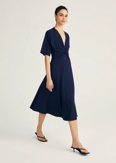 Lorraine Twist Front Midi Dress | Derek Lam 10 Crosby Chic Rayon V-neck Wrap Dress, Chic Rayon Wrap Dress With V-neck, Chic V-neck Rayon Wrap Dress, Versatile V-neck Midi Dress For Summer, Versatile Summer Midi Dress With V-neck, Chic Drapey V-neck Dress, Elegant Viscose Wrap Dress With Surplice Neckline, Flattering V-neck Midi Dress For Work, Flattering Ruched V-neck Midi Dress