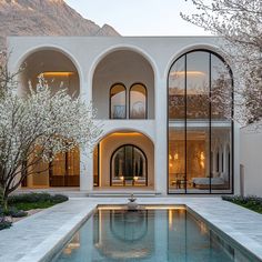 a large white house with a pool in the front yard