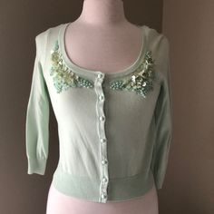 Not Green Embellished Cardigan. Gorgeous Detailing. Brand New With Tags. Size Small. Extra Button And Thread Included. Spring Fitted Embellished Cardigan, Fitted Embellished Spring Cardigan, Fitted Embellished Tops For Spring, Mint Green Accessories, Crop Knit Sweater, Cream Knit Cardigan, Faux Fur Cardigan, Grey Knit Cardigan, White Sweater Cardigan