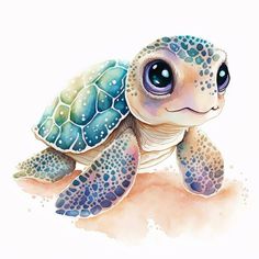 a watercolor painting of a baby sea turtle with blue bubbles on it's shell