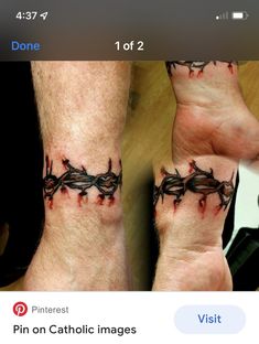 two people with tattoos on their legs and one has an image of barbed wire attached to them