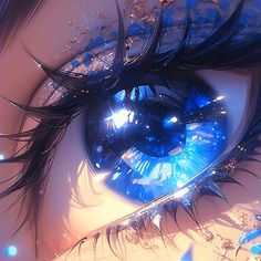 an eye with blue and white lights shining on it's irise, showing the reflection