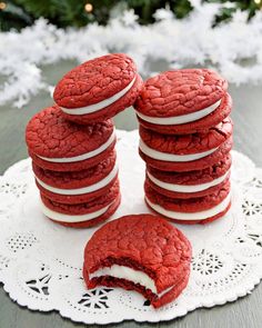 red velvet cookies are stacked on top of each other