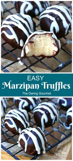 chocolate covered marshmallow truffles with white icing on a cooling rack