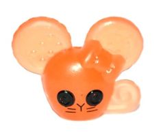 an orange plastic mouse with black eyes on it's head and ears are shown