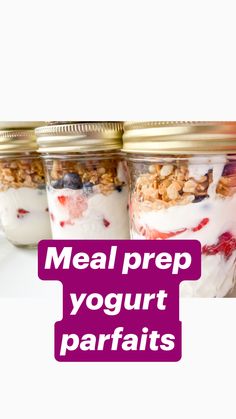 three jars filled with yogurt and granola