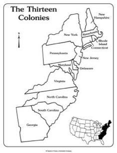 a map of the thirteen colonies in black and white with an outline of the united states