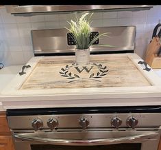 a potted plant sitting on top of an oven