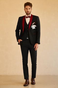 Fabric: Polyester Care: Dry clean only Package Contents: 1*Jacket Occasion: Suitable for prom, homecoming, weddings, party, graduation ceremony, stage performance, dating, meeting, banquet, nightclub, festival and Christmas etc Red Bow Tie Outfit, Black And Red Tux, Prom Male, Red Tux, Masquerade Prom, Prom For Guys, Prom Blazers, Prom Suits For Men, Black Suit Men