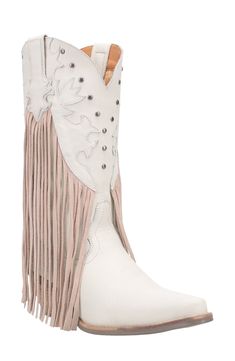 Dramatic leather fringe on this pointed-toe Western boot will move to the beat of every hoedown you attend, while a cushioned insole keeps you supported. 1 1/4" heel 12" shaft; 15" shaft circumference Pull-on style Cushioned insole Leather upper/textile lining/synthetic sole Imported Fall Fringe Boots With Snip Toe, Leather Fringe Boots For Rodeo, Leather Pointed Toe Boots With Fringe, Western Boots Women, Western Boot, Leather Fringe, Sale Event, Western Boots, Leather Boots