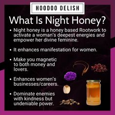 Activate your dark feminine magick with "Night Honey". Powerful love, beauty, and success magic you can make at home. Night Honey Hoodoo, Hoodoo Cursing Oil Recipe, Hoodoo Tips, Honey Magic, Hoodoo Delish, Divine Feminine Power, Conjure Woman, Powerful Spells