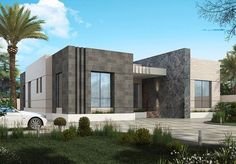 a rendering of a modern house with palm trees in the foreground and a car parked on the driveway