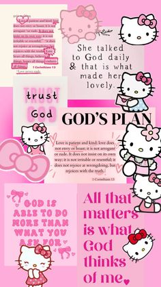 an image of hello kitty and god's plan on pink paper with words above it