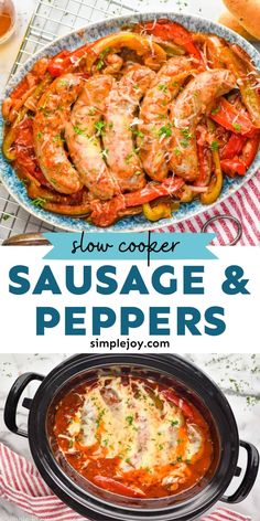 slow cooker sausage and peppers with text overlay that reads slow cooker sausage and peppers