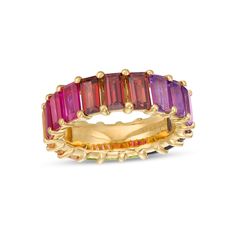 Express your vibrant style with this personalized gemstone eternity band from Tailor + You™. Fashioned in your choice of metal, this vibrant design showcases an endless row of 6.0 x 3.0mm baguette-cut gemstones. Choose either a single birthstone or a rainbow of stones including spring-green peridot, golden yellow citrines, bright purple amethyst, bright blue sapphires and regal red garnets. Buffed to a brilliant luster, this band is a colorful addition to your collection. This ring is available Rainbow Baguette Ring, Baguette Eternity Ring, Desert Festival, Dope Jewelry Accessories, Orange Gem, Rainbow Ring, Vibrant Style, Rainbow Gemstones, Infinity Ring