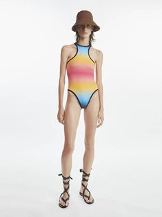 THE ATTICO Multicolor one piece Fitted Multicolor Swimwear With Rainbow Print, Fitted Multicolor Rainbow Print Swimwear, Multicolor Stretch Swimwear, Multicolor Stretch Elastane Swimwear, Fitted Rainbow Print Swimwear, Stretch Multicolor Elastane Swimwear, Fitted Multicolor Color Block Swimwear, White One Piece, Italy Style