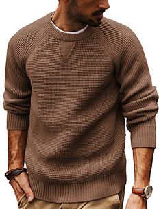 PRICES MAY VARY. Classic Design: Men waffle sweaters feature with raglan sleeve, crew neck, classic waffle textured, neckline with sweatshirt triangle design, ribbed neckline, sleeve cuffs and hemline. The classic crewneck design is easy to pair with various outfits. Dress it up with a collared shirt for a more polished look or wear it casually with jeans for a laid-back style Soft & Comfy Material: Men's pullover sweater is made of soft knitting elastic fabric, stretch, skin-friendly, warm and Casual Brown Waffle Knit Sweater, Brown Waffle Knit Casual Sweater, Brown Waffle Knit Sweater For Winter, Brown Waffle Knit Winter Sweater, Brown Crew Neck Sweater With Ribbed Neckline, Brown Sweater With Ribbed Crew Neck, Classic Waffle Knit Sweater For Fall, Brown Ribbed Crew Neck Sweater, Winter Solid Waffle Knit Sweater