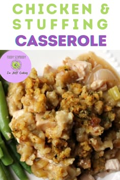 chicken and stuffing casserole on a plate with green beans