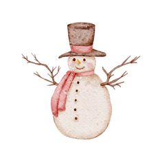 a watercolor drawing of a snowman wearing a hat and scarf