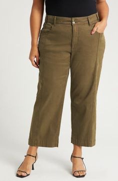 A neutral hue adds versatile, utility-inspired style to these cropped wide-leg pants made from soft, nicely draped stretch twill. Zip fly with two-button closure Front scoop pockets; back patch pockets 60% Tencel® lyocell, 38% cotton, 2% spandex Tencel lyocell is a more-sustainably produced fiber made with closed-loop processing Hand wash, line dry Imported Cropped Wide Leg Pants, Bottoms Pants, Leg Pants, Wide Leg Pants, Womens Bottoms, Top Brands, High Waist, Wide Leg, Hand Wash