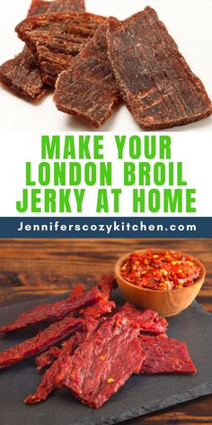 beef strips with text overlay that reads make your london broil jerry at home