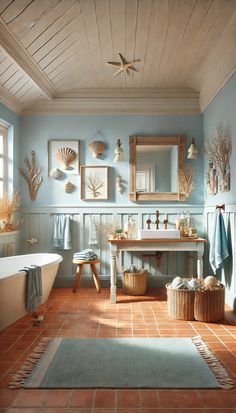 a bathroom with blue walls and tile flooring next to a bathtub, sink, and mirror