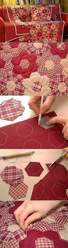 the process of making a quilt is shown in three different stages, including cutting and stitching