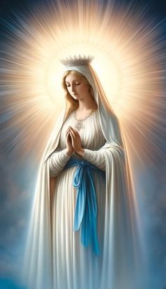 the immaculate mary in blue robes with her hands folded up, and shining from behind