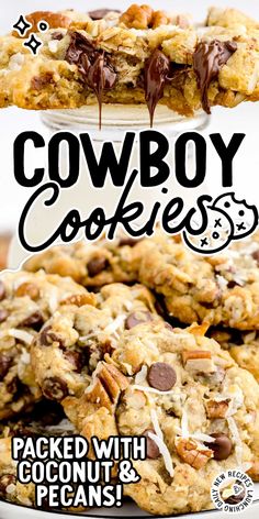 cowboy cookies are stacked with coconut and pecans