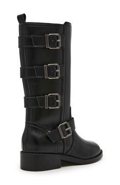 This faux-leather boot with a quartet of silvery buckles down the shaft brings a moto aesthetic to their wardrobe. 1 1/4" heel Side zip closure Memory foam cushioning Synthetic upper/textile faux-fur lining/synthetic sole Imported Moto Aesthetic, Buckle Boot, Boy Activewear, Faux Leather Boots, Walker Shoes, Mens Eyewear, Buckle Boots, Clutch Pouch, Leather Boot