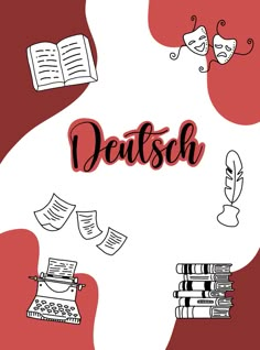 a red and white background with the words delish on it, surrounded by books