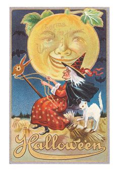 an old fashioned halloween postcard with a witch and her dog on the moon,