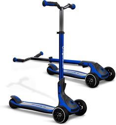 two blue scooters sitting next to each other on a white surface with wheels