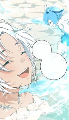 an anime character with white hair and blue eyes is in the water next to another character