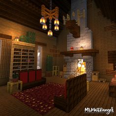 a living room filled with furniture and a fire place next to a fireplace in a minecraft house