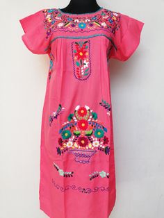 "Mexican dress, ethnic dress, embroidered dress, cotton dress, multicolored embroidered dress, dress of Oaxaca Mexican textile art has centuries of history and creativity throughout the country. Mexico is recognized as one of the leading countries with a beautiful aristic production in the textile world, miraculous hands of talented artisans from different states of the country create stunning embroidery clothing, and various items. #Oaxaca #Chiapas We ship anywhere in the word, from Tepic, Naya Red Summer Dress With Embroidered Border, Red Dress With Embroidered Border For Summer, Folk Style Multicolor Embroidery Dress For Fiesta, Traditional Dress With Multicolor Embroidery For Fiesta, Folk Style Dress With Embroidered Border For Fiesta, Traditional Floral Embroidered Dress For Cinco De Mayo, Folk Style Beach Dress With Embroidered Border, Spring Fiesta Folk Style Embroidered Dress, Traditional Pink Summer Dress