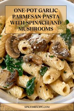 Creamy, comforting, and packed with flavor, this One-Pot Garlic Parmesan Pasta with Spinach and Mushrooms is a weeknight dinner dream! With a rich, garlicky sauce, tender pasta, and earthy mushrooms, this dish comes together in under 30 minutes with minimal cleanup. Perfect for vegetarians and pasta lovers alike, it’s a meal that will quickly become a favorite. Spinach Mushroom Pasta, Garlic Parmesan Pasta, Spinach And Mushrooms, Pasta With Spinach, Parmesan Pasta, Garlic Mushrooms, Garlic Pasta, Mushroom Pasta, Spinach Pasta