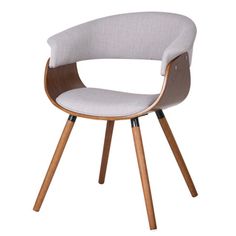 an upholstered chair with wooden legs and a grey fabric seat pad on the back