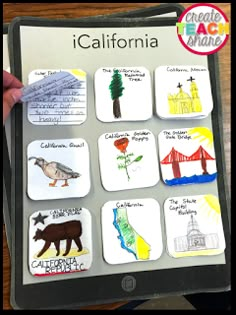 someone is holding up a california magnet board with pictures of animals and trees on it