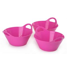 four pink plastic buckets with handles on white background