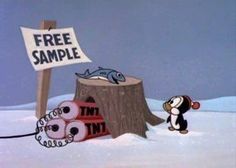 a cartoon penguin with a free sample sign next to him and another penguin standing in front of a tree stump