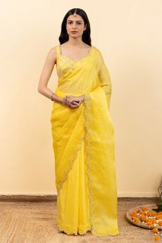 Shop for Pita Nila Yellow Satin Silk Organza Soha Embroidered Saree With Chokor Print Blouse for Women Online at Aza Fashions Cutwork Saree, Placement Embroidery, Function Dresses, Organza Embroidery, Yellow Saree, Yellow Satin, Embroidered Saree, Printed Sleeveless Blouse, Pattern Embroidery