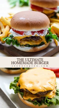 the ultimate homemade burger with cheese, lettuce and tomato on it is ready to be eaten