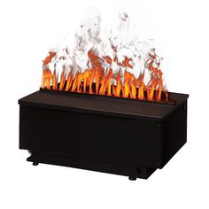 a black fire pit with flames coming out of it's sides and on top