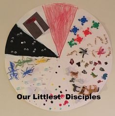 a paper plate with different pictures on it and the words our littlest disciples written in black